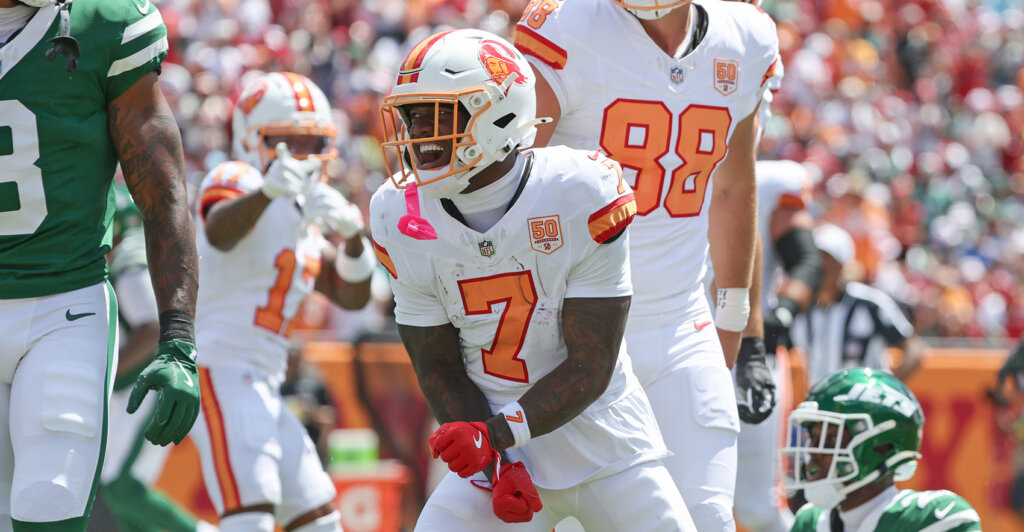Sep 21, 2025; Tampa, Florida, USA; Tampa Bay Buccaneers running back Bucky Irving (7) celebrates after he ran the ball against the New York Jets during the first quarter at Raymond James Stadium. Mandatory Credit: Kim Klement Neitzel-Imagn Images
