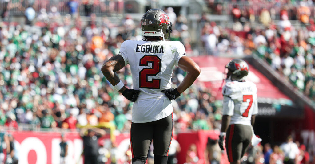 Sep 28, 2025; Tampa, Florida, USA; Tampa Bay Buccaneers wide receiver Emeka Egbuka (2) looks on during the fourth quarter against Philadelphia Eagles at Raymond James Stadium. Mandatory Credit: Nathan Ray Seebeck-Imagn Images