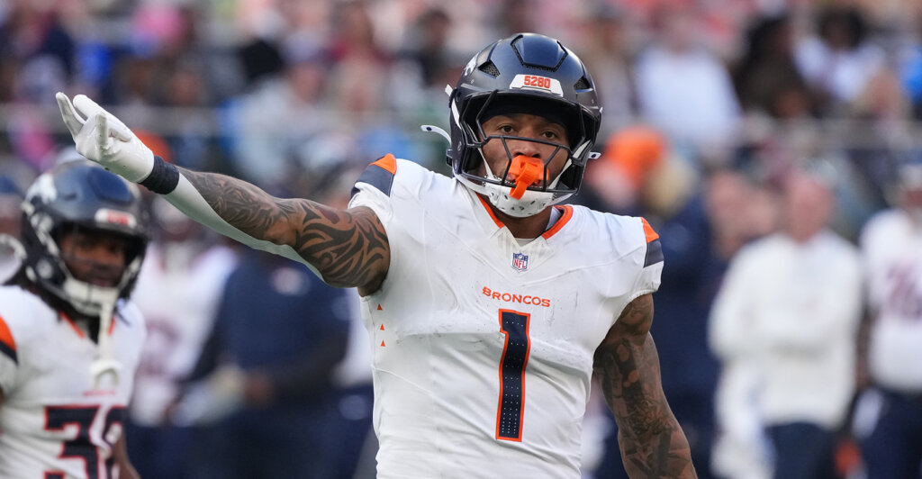 Oct 12, 2025; Tottenham, United Kingdom; Denver Broncos tight end Evan Engram (1) reacts against the New York Jets during an NFL International Series game at Tottenham Hotspur Stadium. Mandatory Credit: Kirby Lee-Imagn Images