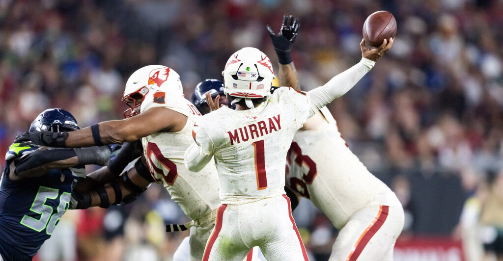Sep 25, 2025; Glendale, Arizona, USA; Arizona Cardinals quarterback Kyler Murray (1) against the Seattle Seahawks at State Farm Stadium. Mandatory Credit: Mark J. Rebilas-Imagn Images