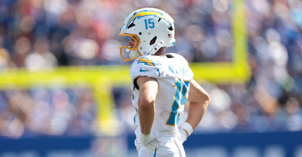 Sep 28, 2025; East Rutherford, New Jersey, USA; Los Angeles Chargers wide receiver Ladd McConkey (15) looks on during the second quarter against the New York Giants at MetLife Stadium. Mandatory Credit: Vincent Carchietta-Imagn Images
