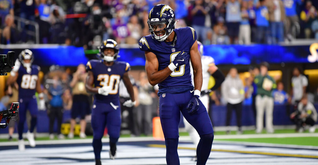 Oct 23, 2025; Inglewood, California, USA; Los Angeles Chargers wide receiver Tre' Harris (9) reacts after making a touchdown catch against the Minnesota Vikings during the second half at SoFi Stadium. Mandatory Credit: Gary A. Vasquez-Imagn Images