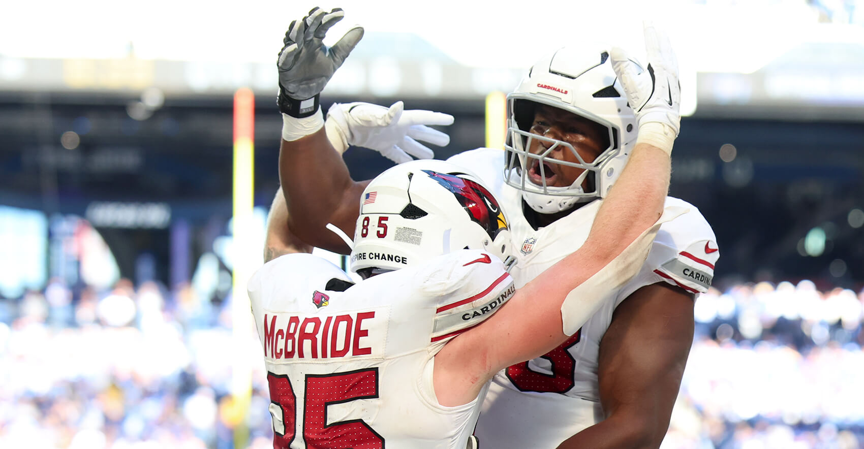 Oct 12, 2025; Indianapolis, Indiana, USA; Arizona Cardinals tight end Trey McBride (85) celebrates after scoring a touchdown against the Indianapolis Colts with offensive tackle Kelvin Beachum (68) during the third quarter of the game at Lucas Oil Stadium. Mandatory Credit: Trevor Ruszkowski-Imagn Images
