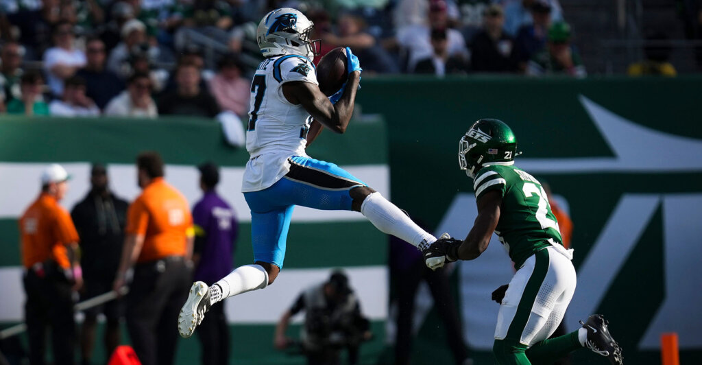 Carolina Panthers wide receiver Xavier Legette (17) catches the ball during a game against the New York Jets at MetLife Stadium, Oct 19, 2025, East Rutherford, NJ, USA.