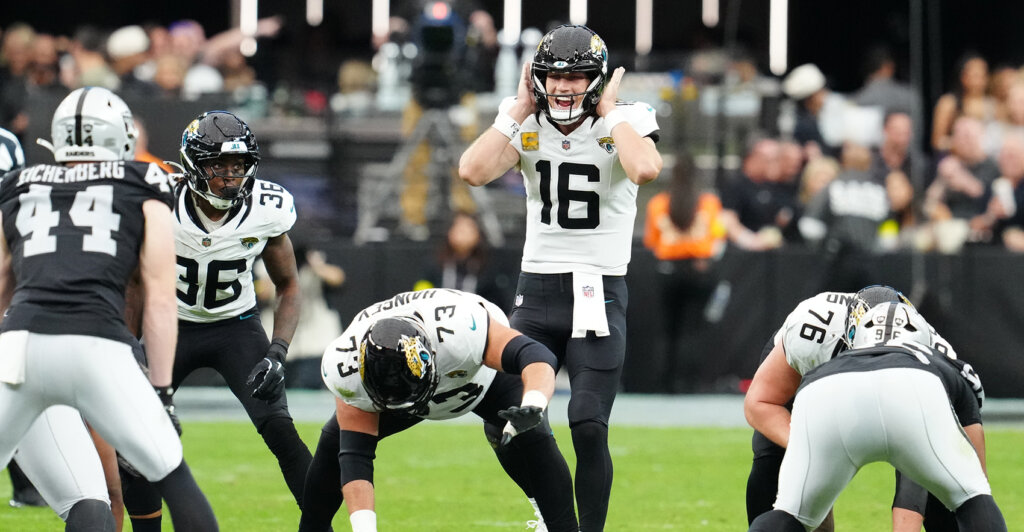 Nov 2, 2025; Paradise, Nevada, USA; Jacksonville Jaguars quarterback Trevor Lawrence (16) makes a call during the second half against the Las Vegas Raiders at Allegiant Stadium. Mandatory Credit: Stephen R. Sylvanie-Imagn Images