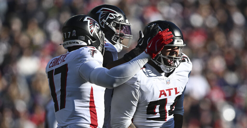 Nov 2, 2025; Foxborough, Massachusetts, USA; Atlanta Falcons defensive end LaCale London (94) celebrates his sack of New England Patriots quarterback Drake Maye (not pictured) during the first quarterduring the first quarter at Gillette Stadium. Mandatory Credit: Brian Fluharty-Imagn Images