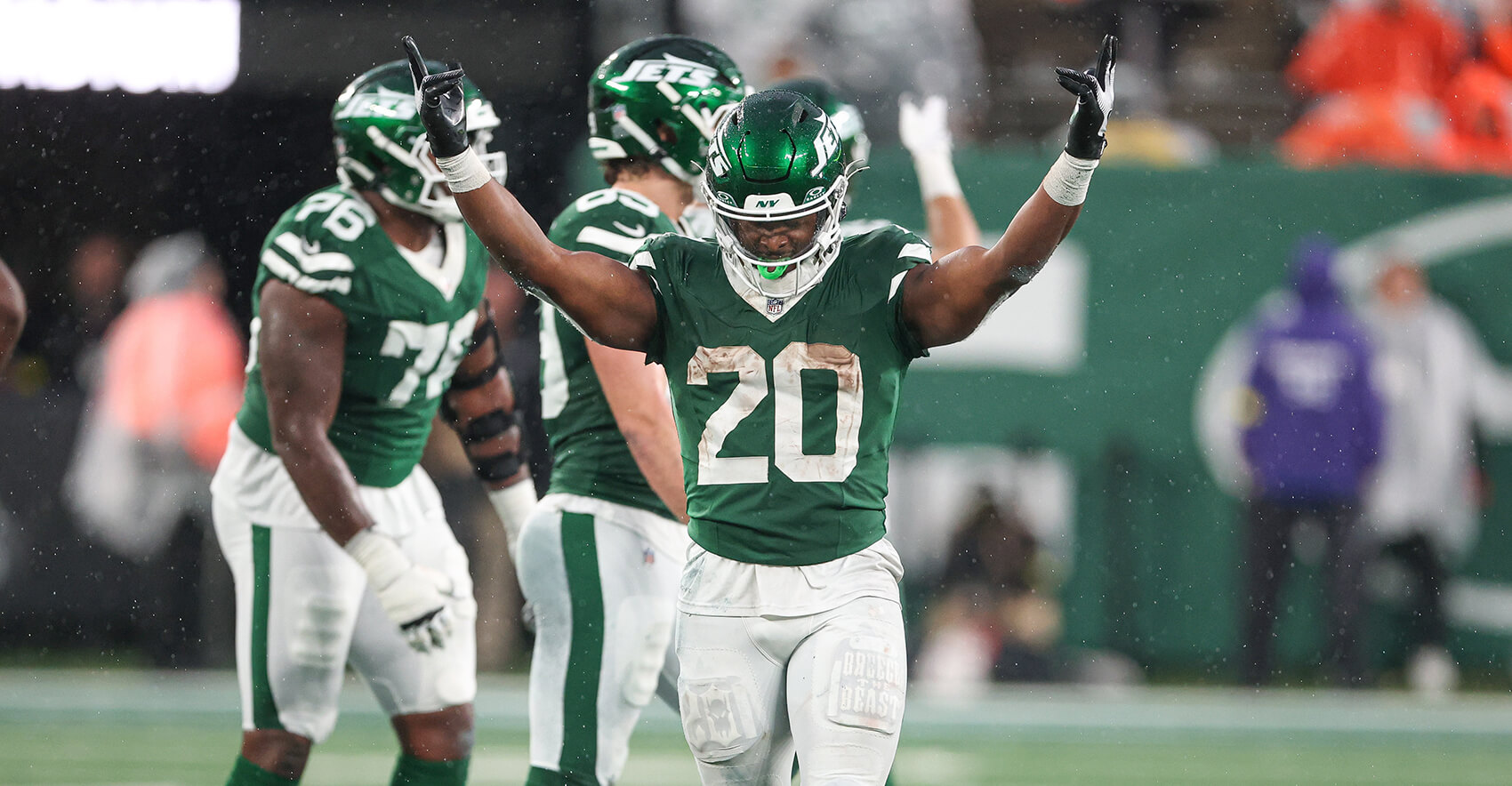 Nov 9, 2025; East Rutherford, New Jersey, USA; New York Jets running back Breece Hall (20) celebrates during the fourth quarter against the Cleveland Browns at MetLife Stadium. Mandatory Credit: Vincent Carchietta-Imagn Images