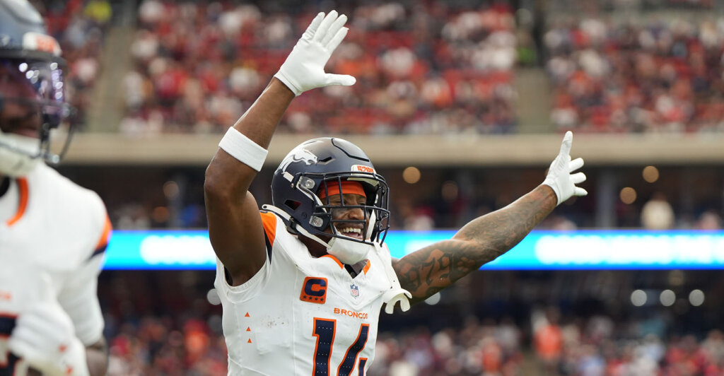 Nov 2, 2025; Houston, Texas, USA; Denver Broncos wide receiver Courtland Sutton (14) celebrates after a play during the first half against the Houston Texans at NRG Stadium. Mandatory Credit: Sean Thomas-Imagn Images