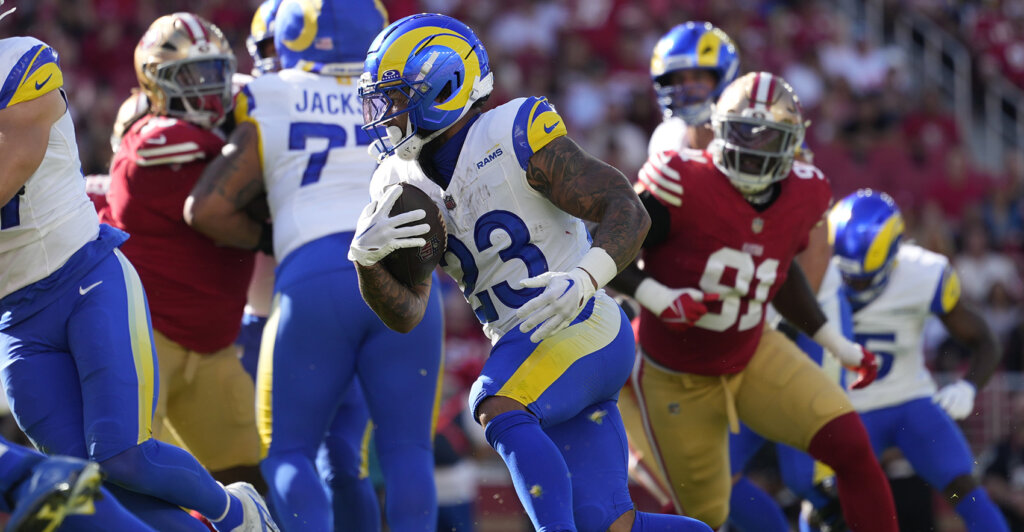 Nov 9, 2025; Santa Clara, California, USA; Los Angeles Rams running back Kyren Williams (23) runs for a touchdown during the first quarter against the San Francisco 49ers at Levi's Stadium. Mandatory Credit: Kyle Terada-Imagn Images