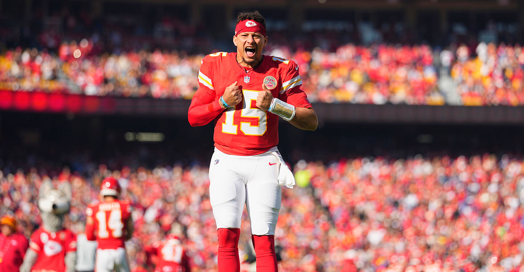 Nov 23, 2025; Kansas City, Missouri, USA; Kansas City Chiefs quarterback Patrick Mahomes (15) reacts before the game against the Indianapolis Colts at GEHA Field at Arrowhead Stadium. Mandatory Credit: Jay Biggerstaff-Imagn Images