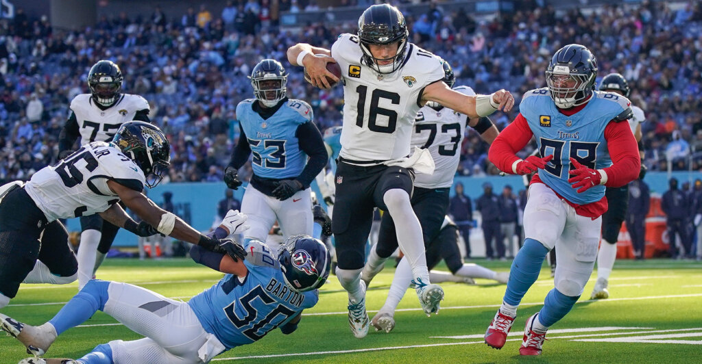 Jacksonville Jaguars quarterback Trevor Lawrence (16) has his eyes on the end zone during the third quarter against the Tennessee Titans at Nissan Stadium in Nashville, Tenn., Sunday, Nov. 30, 2025.