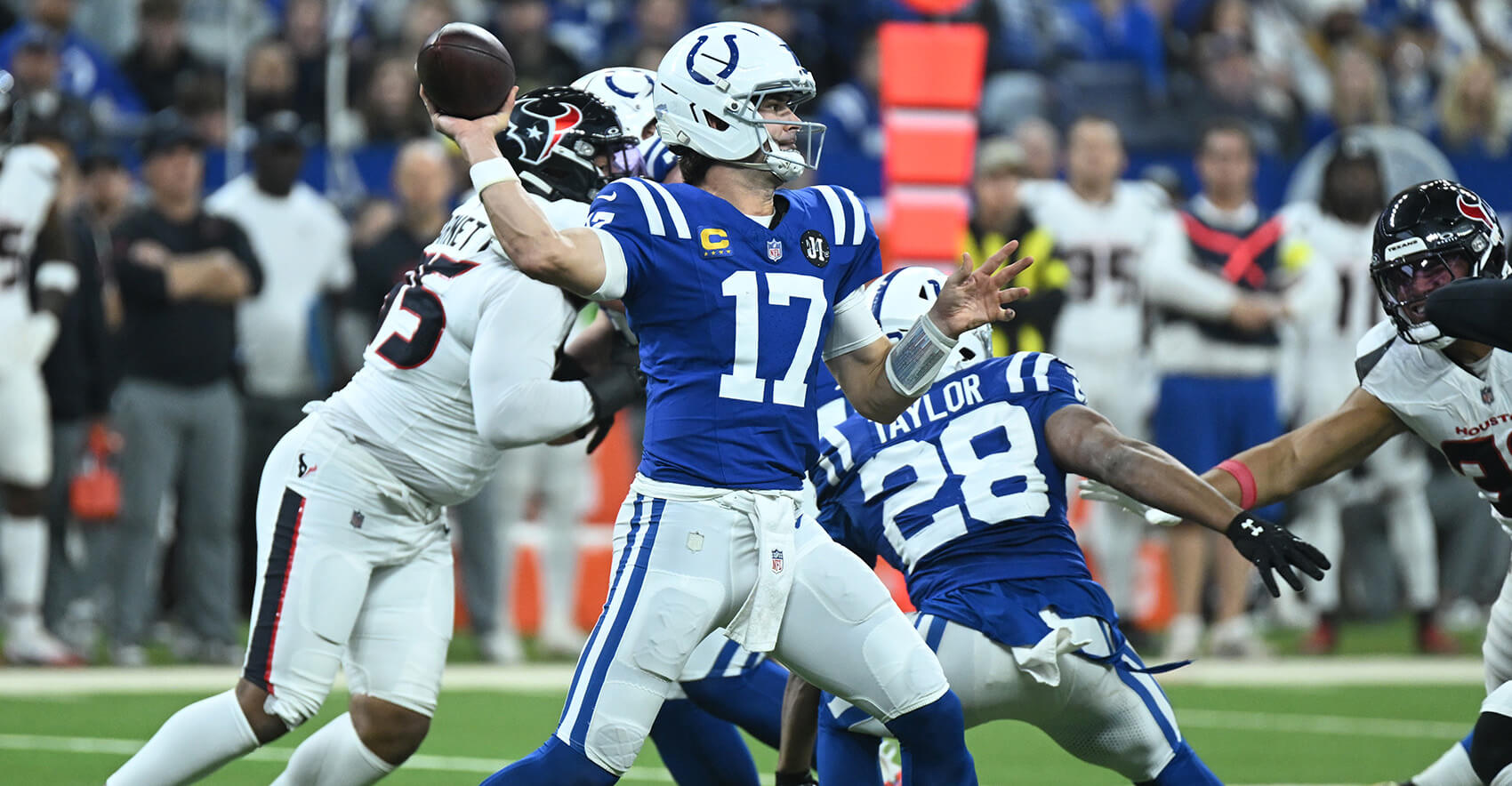 Nov 30, 2025; Indianapolis, Indiana, USA; Indianapolis Colts quarterback Daniel Jones (17) throws during the first half against the Houston Texans at Lucas Oil Stadium. Mandatory Credit: Robert Goddin-Imagn Images