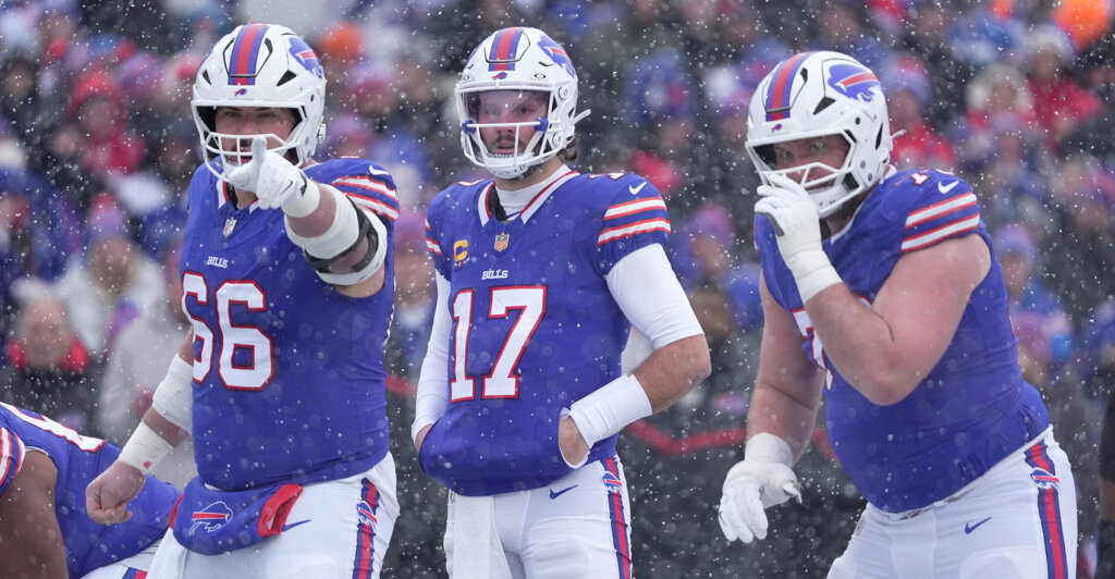Buffalo Bills center Connor McGovern, Buffalo Bills quarterback Josh Allen and Buffalo Bills guard David Edwards get ready to line up during first half action at Highmark Stadium in Orchard Park on Dec. 7, 2025.