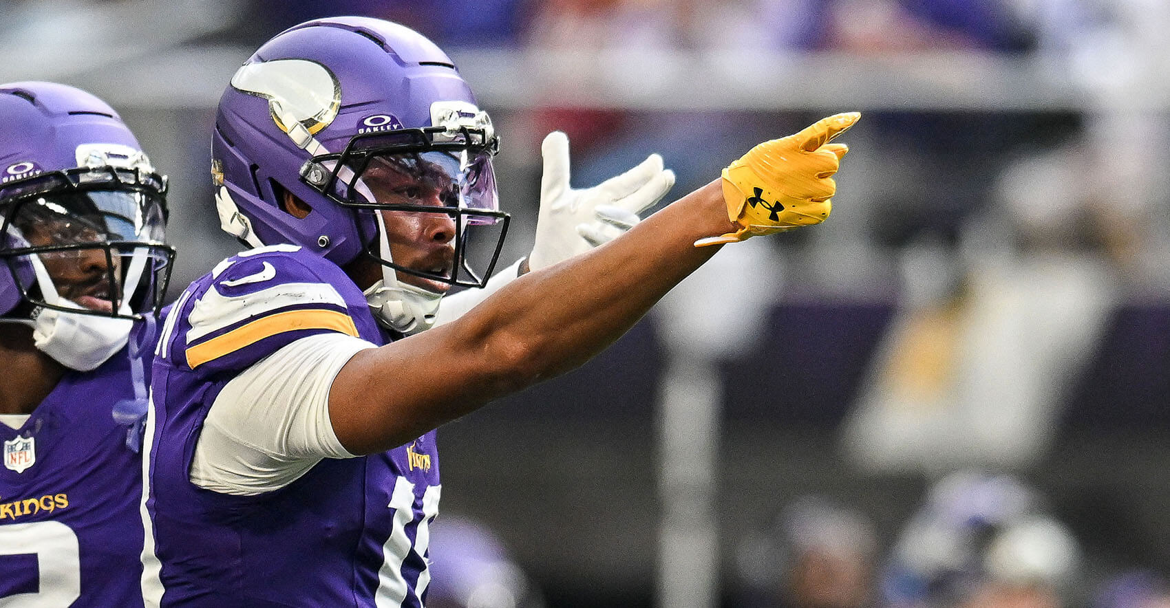 Dec 7, 2025; Minneapolis, Minnesota, USA; Minnesota Vikings wide receiver Justin Jefferson (18) reacts after a catch agains the Washington Commanders during the first half at U.S. Bank Stadium. Mandatory Credit: Jeffrey Becker-Imagn Images