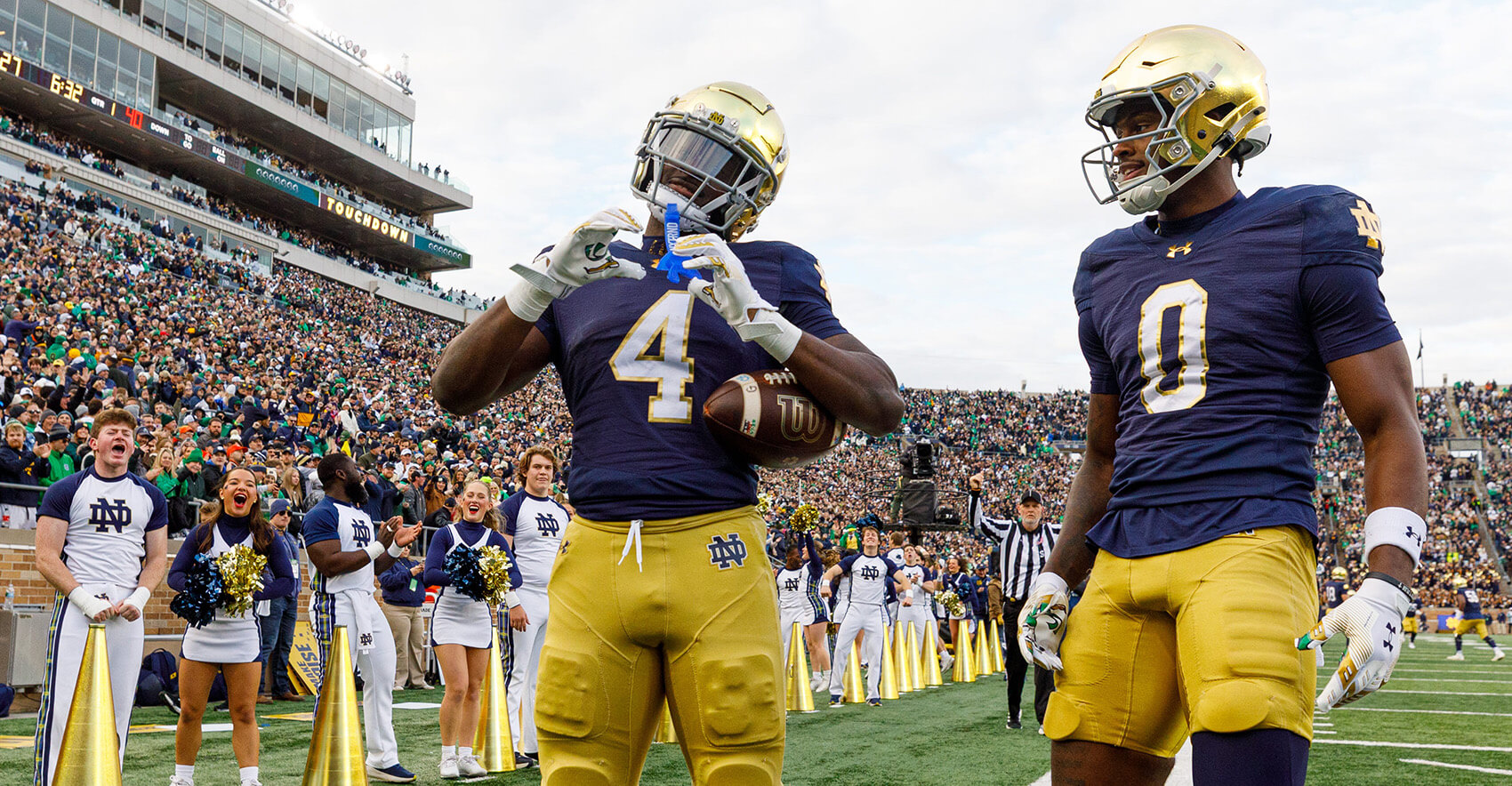 Notre Dame running back Jeremiyah Love (4) makes a heart sign after scoring a touchdown in the first half of a NCAA football game against Syracuse at Notre Dame Stadium on Saturday, Nov. 22, 2025, in South Bend.