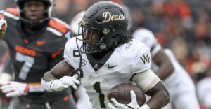 Oct 11, 2025; Corvallis, Oregon, USA; Wake Forest Demon Deacons running back Demond Claiborne (1) runs the ball during the second half against the Oregon State Beavers at Reser Stadium. Mandatory Credit: Craig Strobeck-Imagn Images