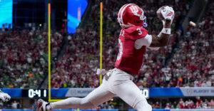 Indiana Hoosiers wide receiver Omar Cooper Jr. (3) makes a catch for a touchdown Friday, Jan. 9, 2026, during the Peach Bowl and semifinal game of the College Football Playoff against the Oregon Ducks at Mercedes-Benz Stadium in Atlanta.