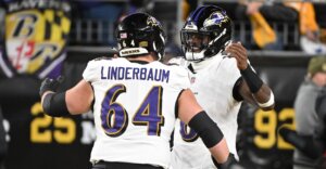Jan 4, 2026; Pittsburgh, Pennsylvania, USA; Baltimore Ravens center Tyler Linderbaum (64) and Baltimore Ravens quarterback Lamar Jackson (8) react before the game at Acrisure Stadium. Mandatory Credit: