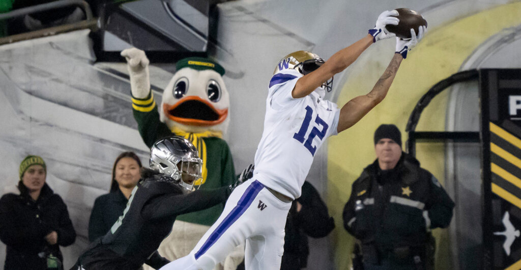 Washington wide receiver Denzel Boston hauls in a catch as the No. 1 Oregon Ducks host the Washington Huskies Saturday, Nov. 30, 2024 at Autzen Stadium in Eugene, Ore.