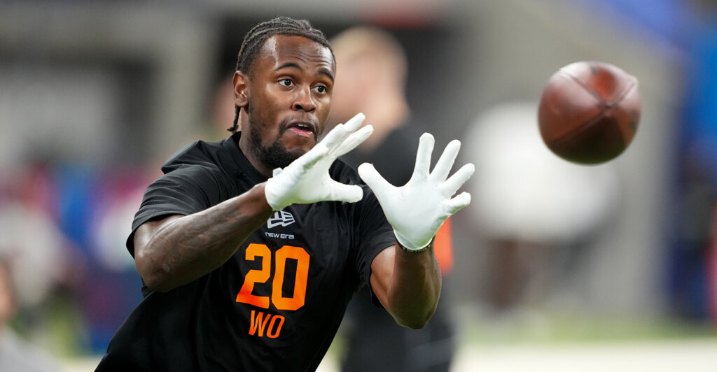 Feb 28, 2026; Indianapolis, IN, USA; Notre Dame wideout Malachi Fields (WO20) during the NFL Scouting Combine at Lucas Oil Stadium. Mandatory Credit: Kirby Lee-Imagn Images