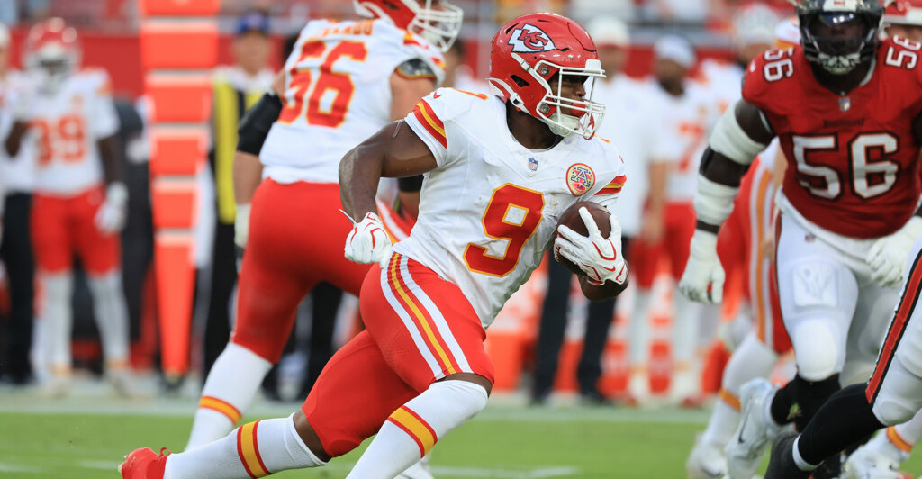 Aug 22, 2026; Tampa, Florida, USA; Kansas City Chiefs running back Kenneth Walker III (9) runs with the ball against the Tampa Bay Buccaneers during the first quarter at Raymond James Stadium. Mandatory Credit: Kim Klement Neitzel-Imagn Images