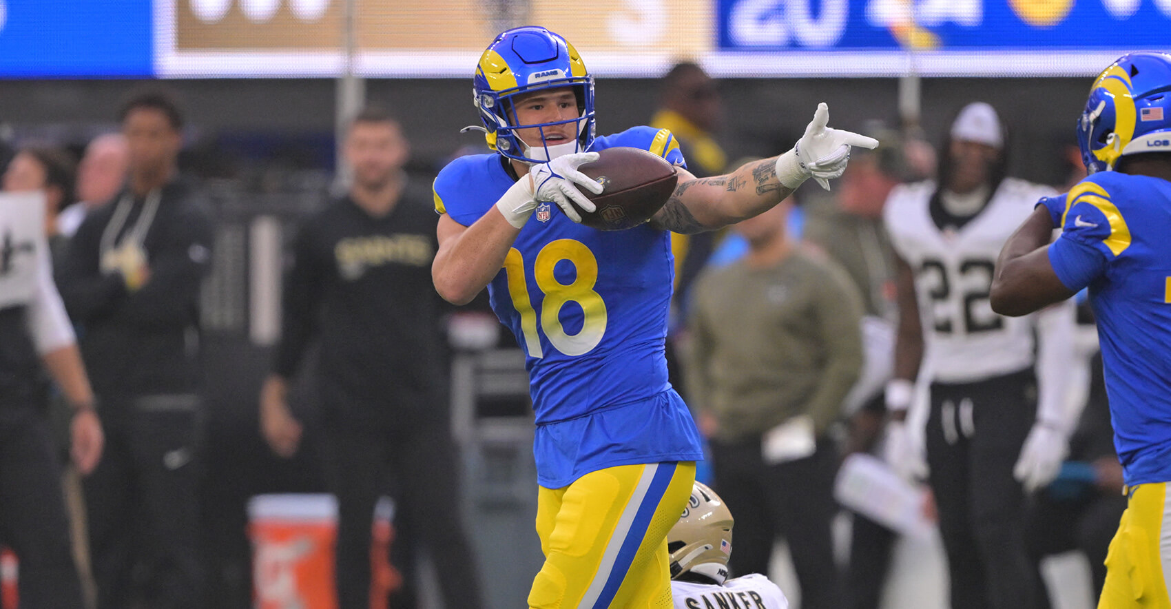 Nov 2, 2025; Inglewood, California, USA; Los Angeles Rams tight end Terrance Ferguson (18) reacts after making a 45-yard reception against the New Orleans Saints during the first half at SoFi Stadium. Mandatory Credit: Jayne Kamin-Oncea-Imagn Images