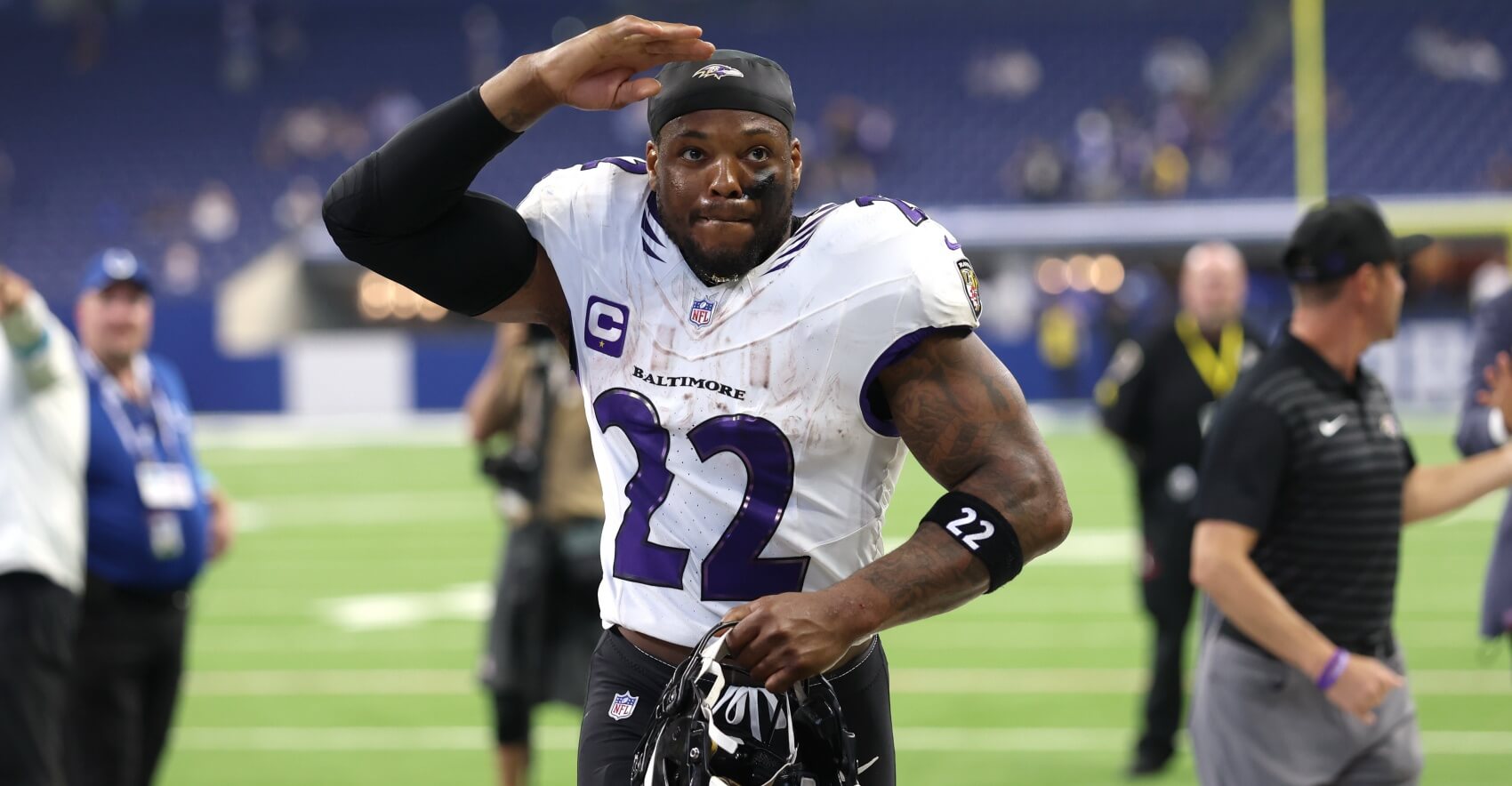 Sep 13, 2026; Indianapolis, Indiana, USA; Baltimore Ravens running back Derrick Henry (22) comes off the field after the game against the Indianapolis Colts at Lucas Oil Stadium.
