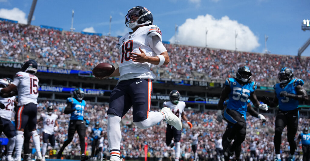 Sep 13, 2026; Charlotte, North Carolina, USA;  Chicago Bears quarterback Caleb Williams (18) reacts after scoring a touchdown in the first quarter against the Carolina Panthers at Bank of America Stadium.  Mandatory Credit: Bob Donnan-Imagn Images