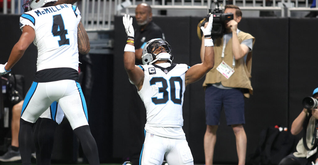 Sep 20, 2026; Atlanta, Georgia, USA; Carolina Panthers running back Chuba Hubbard (30) celebrates after scoring a touchdown during the first quarter against the Atlanta Falcons at Mercedes-Benz Stadium. Mandatory Credit: Brett Davis-Imagn Images