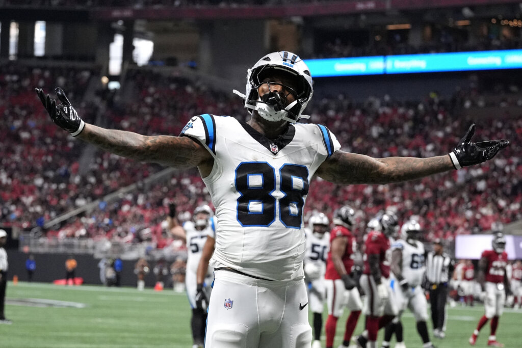 Sep 20, 2026; Atlanta, Georgia, USA; Carolina Panthers tight end Darren Waller (88) celebrates after scoring a touchdown during the third quarter against the Atlanta Falcons at Mercedes-Benz Stadium. Mandatory Credit: Dale Zanine-Imagn Images