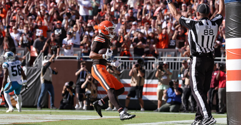Sep 27, 2026; Cleveland, Ohio, USA; Cleveland Browns wide receiver Denzel Boston (12) scores a two point conversion against the Carolina Panthers during the fourth quarter at Huntington Bank Field. Mandatory Credit: Scott Galvin-Imagn Images