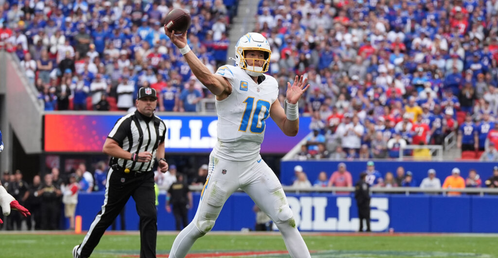 Sep 27, 2026; Orchard Park, New York, USA; Los Angeles Chargers quarterback Justin Herbert (10) throws in the second half against the Buffalo Bills at New Highmark Stadium. Mandatory Credit: Gregory Fisher-Imagn Images