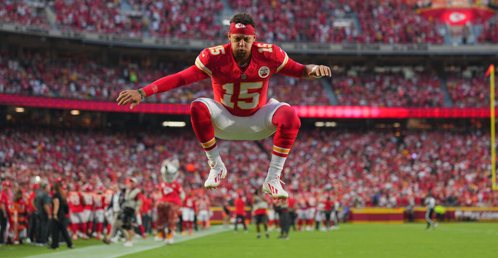 Sep 14, 2026; Kansas City, Missouri, USA;  Kansas City Chiefs quarterback Patrick Mahomes (15) reacts before the game at GEHA Field at Arrowhead Stadium.  Mandatory Credit: Jay Biggerstaff-Imagn Images