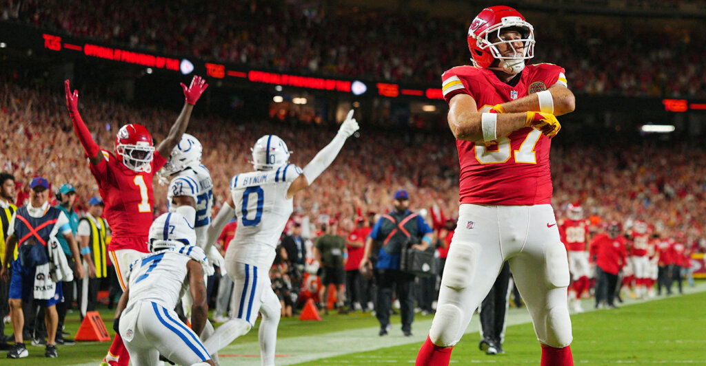 Sep 20, 2026; Kansas City, Missouri, USA;  Kansas City Chiefs tight end Travis Kelce (87) celebrates after scoring a touchdown against the Indianapolis Colts during the first quarter at GEHA Field at Arrowhead Stadium.  Mandatory Credit: Jay Biggerstaff-Imagn Images     TPX IMAGES OF THE DAY
