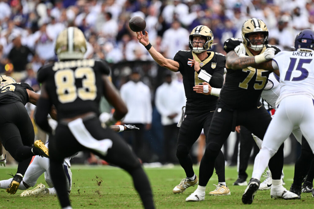 Sep 20, 2026; Baltimore, Maryland, USA; New Orleans Saints quarterback Tyler Shough (6) throws to New Orleans Saints tight end Juwan Johnson (83) in the fourth quarter against the Baltimore Ravens at M&T Bank Stadium. Mandatory Credit: Jamie Sabau-Imagn Images