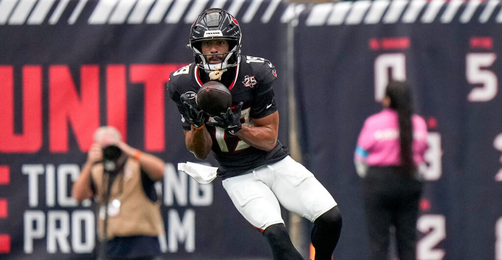 Houston Texans wide receiver Xavier Hutchinson (19) catches a pass in the second quarter of the NFL Week 2 game between the Houston Texans and the Cincinnati Bengals at Reliant Stadium in Houston on Sunday, Sept. 20, 2026. The Bengals led 7-3 at halftime.