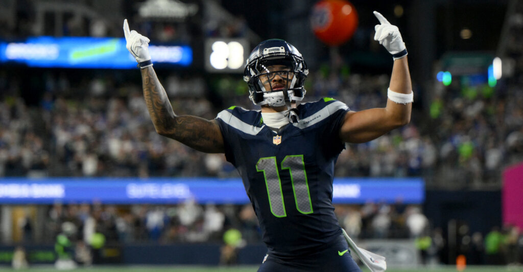 Sep 9, 2026; Seattle, Washington, USA; Seattle Seahawks wide receiver Jaxon Smith-Njigba (11) celebrates after scoring a touchdown against the New England Patriots during the fourth quarter at Lumen Field. Mandatory Credit: Steven Bisig-Imagn Images