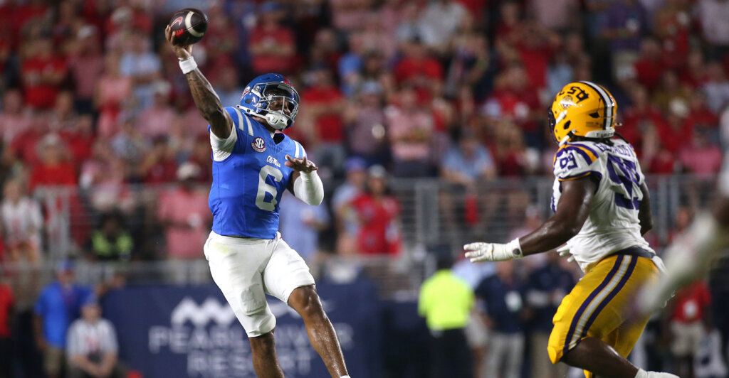 Sep 19, 2026; Oxford, Mississippi, USA; Mississippi Rebels quarterback Trinidad Chambliss (6) passes the ball against the Louisiana State Tigers during the second quarter at Vaught-Hemingway Stadium. Mandatory Credit: Petre Thomas-Imagn Images