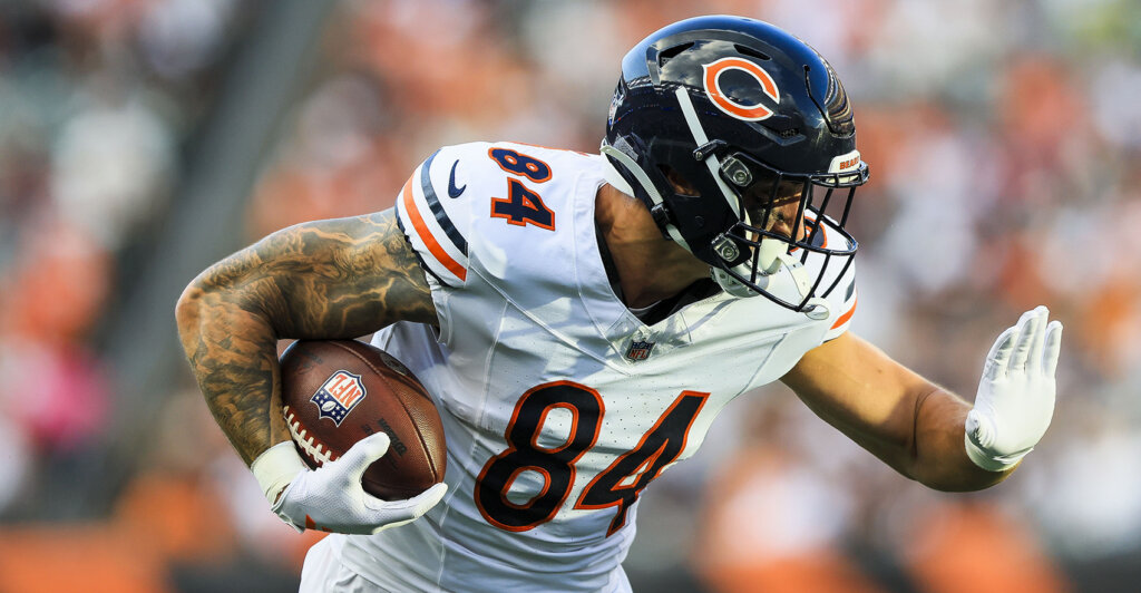 Aug 22, 2026; Cincinnati, Ohio, USA; Chicago Bears tight end Colston Loveland (84) runs with the ball against the Cincinnati Bengals in the first half at Paycor Stadium. Mandatory Credit: Katie Stratman-Imagn Images
