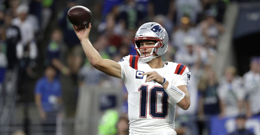 Sep 9, 2026; Seattle, Washington, USA; New England Patriots quarterback Drake Maye (10) throws during the third quarter against the Seattle Seahawks at Lumen Field. Mandatory Credit: Joe Nicholson-Imagn Images