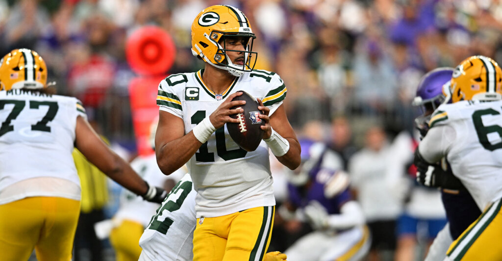 Sep 13, 2026; Minneapolis, Minnesota, USA;  Green Bay Packers quarterback Jordan Love (10) drops back to make a pass during the second half against the Minnesota Vikings at U.S. Bank Stadium.  Mandatory Credit: Jeffrey Becker-Imagn Images