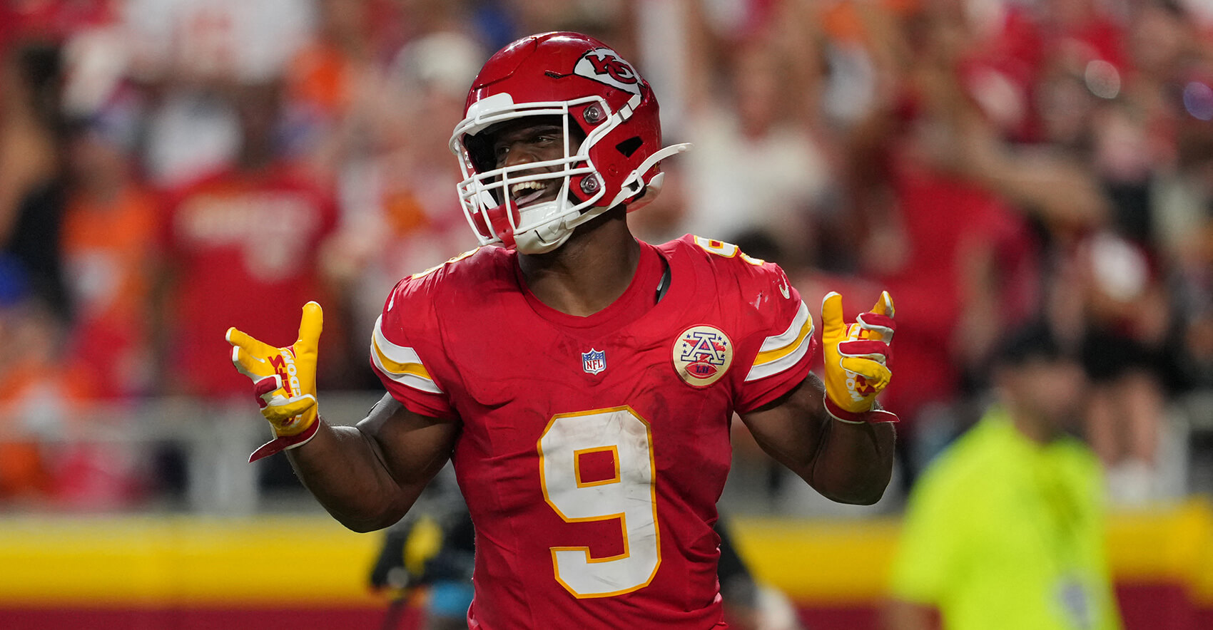 Sep 14, 2026; Kansas City, Missouri, USA; Kansas City Chiefs running back Kenneth Walker III (9) reacts after scoring a touchdown against the Denver Broncos at GEHA Field at Arrowhead Stadium. Mandatory Credit: Jay Biggerstaff-Imagn Images
