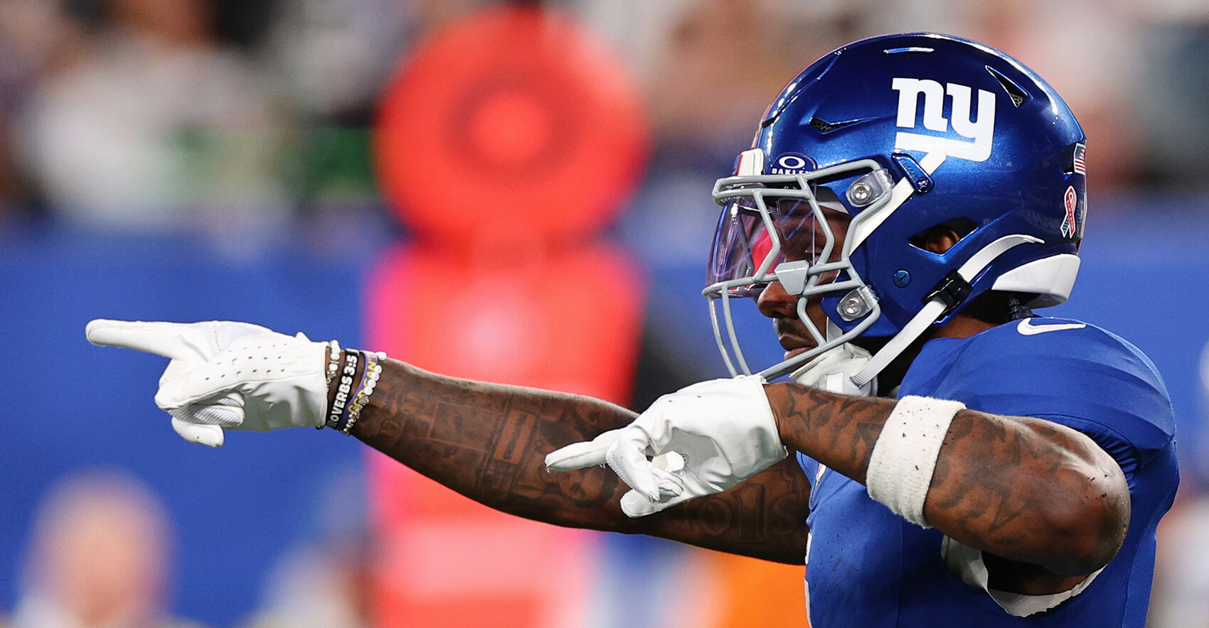 Sep 13, 2026; East Rutherford, New Jersey, USA; New York Giants wide receiver Malik Nabers (1) reacts after a play against the Dallas Cowboys during the fourth quarter at MetLife Stadium. Mandatory Credit: Vincent Carchietta-Imagn Images
