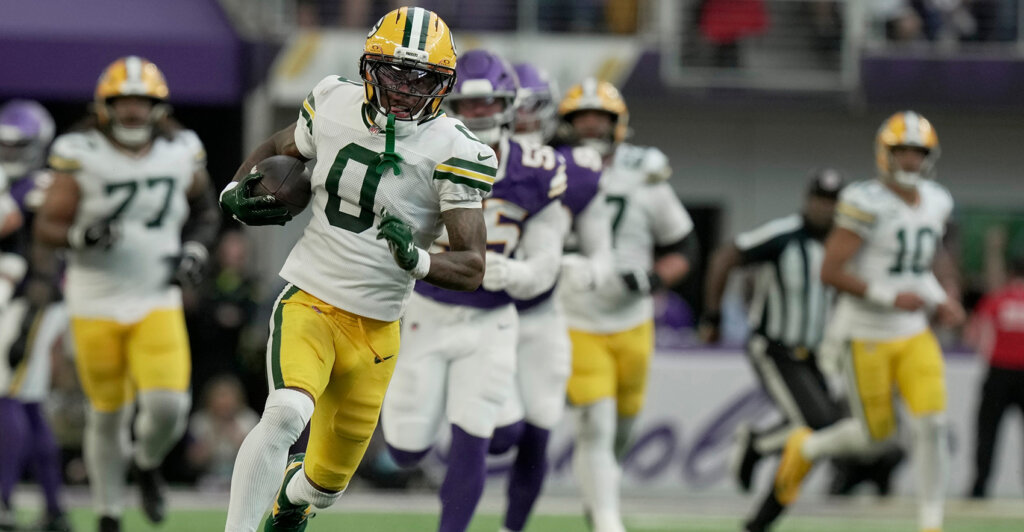 Green Bay Packers wide receiver Matthew Golden (0) makes a 42-yard reception during the fourth quarter of their game Sunday, Sept. 13, 2026 at U.S. Bank Stadium in Minneapolis, Minnesota. The Minnesota Vikings beat the Green Bay Packers 39-22.