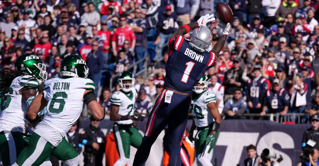 Oct 18, 2026; Foxborough, Massachusetts, USA; New England Patriots wide receiver A.J. Brown (1) misses a catch in the end zone in the first half against the New York Jets at Gillette Stadium. Mandatory Credit: David Butler II-Imagn Images