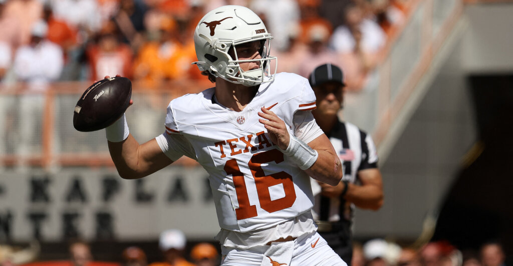 Sep 26, 2026; Knoxville, Tennessee, USA; Texas Longhorns quarterback Arch Manning (16) passes Tennessee Volunteers during the first half at Neyland Stadium. Mandatory Credit: Randy Sartin-Imagn Images