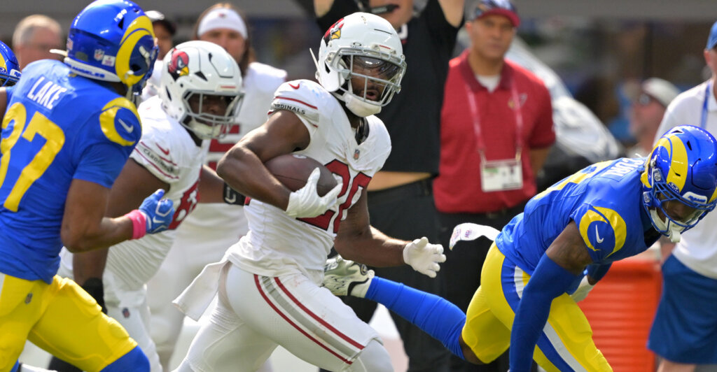 Oct 18, 2026; Inglewood, California, USA; Arizona Cardinals running back Bam Knight (20) runs the ball against Los Angeles Rams safety Quentin Lake (37) in the first quarter at SoFi Stadium. Mandatory Credit: Jayne Kamin-Oncea-Imagn Images