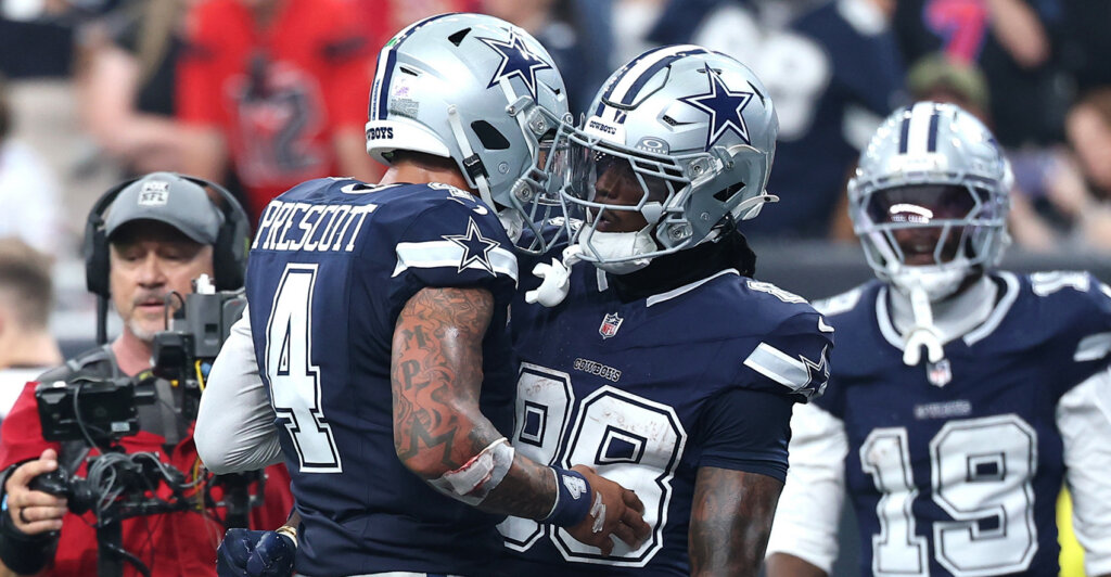 Oct 4, 2026; Houston, Texas, USA; Dallas Cowboys quarterback Dak Prescott (4) reacts with wide receiver CeeDee Lamb (88) after a fourth quarter touchdown against the Houston Texans at Reliant Stadium. Mandatory Credit: Troy Taormina-Imagn Images