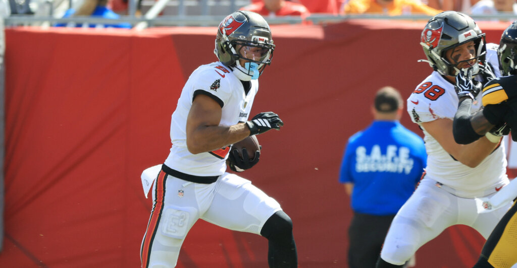 Oct 18, 2026; Tampa, Florida, USA; Tampa Bay Buccaneers wide receiver Emeka Egbuka (2) runs after making a catch during the second quarter against the Pittsburgh Steelers at Raymond James Stadium. Mandatory Credit: Kim Klement Neitzel-Imagn Images
