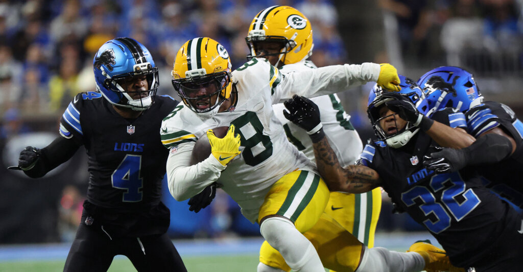 Oct 25, 2026; Detroit, Michigan, USA; Green Bay Packers running back Josh Jacobs (8) runs the ball during the fourth quarter against the Detroit Lions at Ford Field. Mandatory Credit: David Reginek-Imagn Images